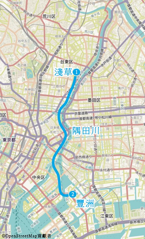 路線地圖：淺草→隅田川→豐洲
