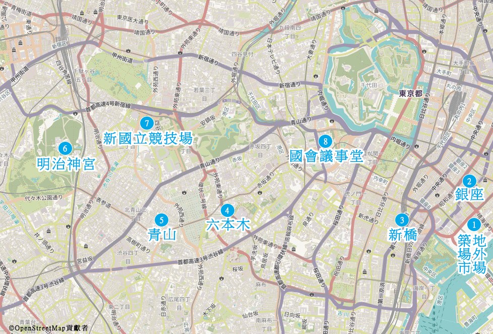 東京 單車
路線地圖：築地場外市場→銀座→新橋→六本木→青山→明治神宮→新國立競技場→國會議事堂