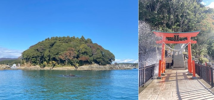 ▲南三陸町代表性地標之一「荒島」，以及連結的道路上佇立的荒嶋神社鳥居。　圖：曾照晴／攝影